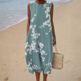 Bequeme Ärmellose Sommerkleid - Kirschblüte Petrol