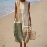 Bequeme Ärmellose Sommerkleid - Patchwork Naturtöne