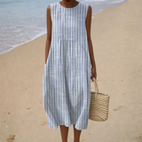 Bequeme Ärmellose Sommerkleid - Nadelstreifen Blau