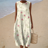 Bequeme Ärmellose Sommerkleid - Blümchen Creme