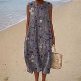 Bequeme Ärmellose Sommerkleid - Blümchen Grau