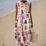 Bequeme Ärmellose Sommerkleid - Katzen Rosa