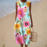 Bequeme Ärmellose Sommerkleid - Blüten Türkis
